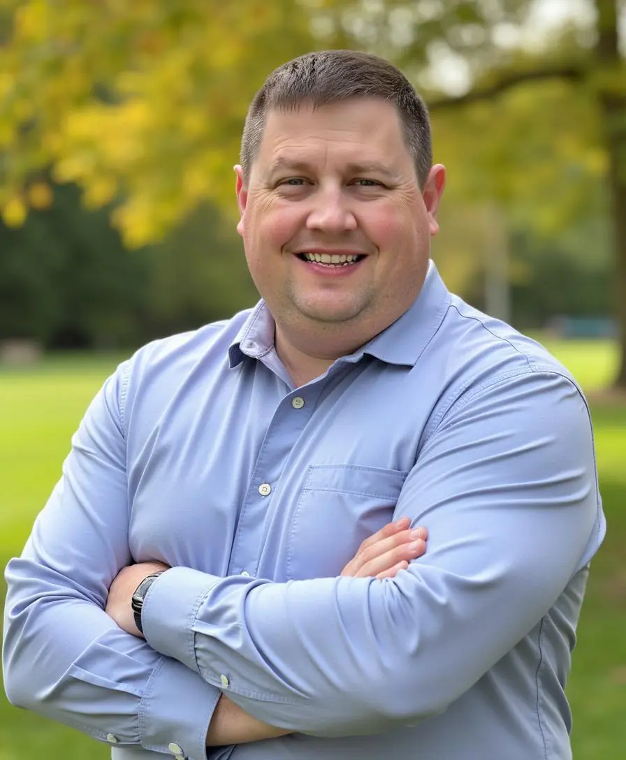 Smiling man in a light blue shirt stands with arms crossed outdoors.