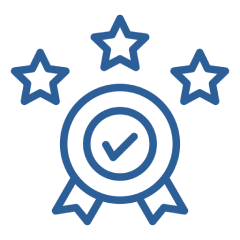 Blue icon of an award ribbon with a check mark and three stars above it.